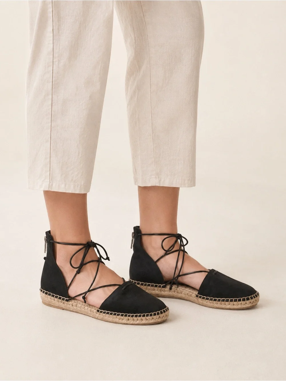 Eileen Fisher Black Leather Lace-Up Espadrille Flats Size 7